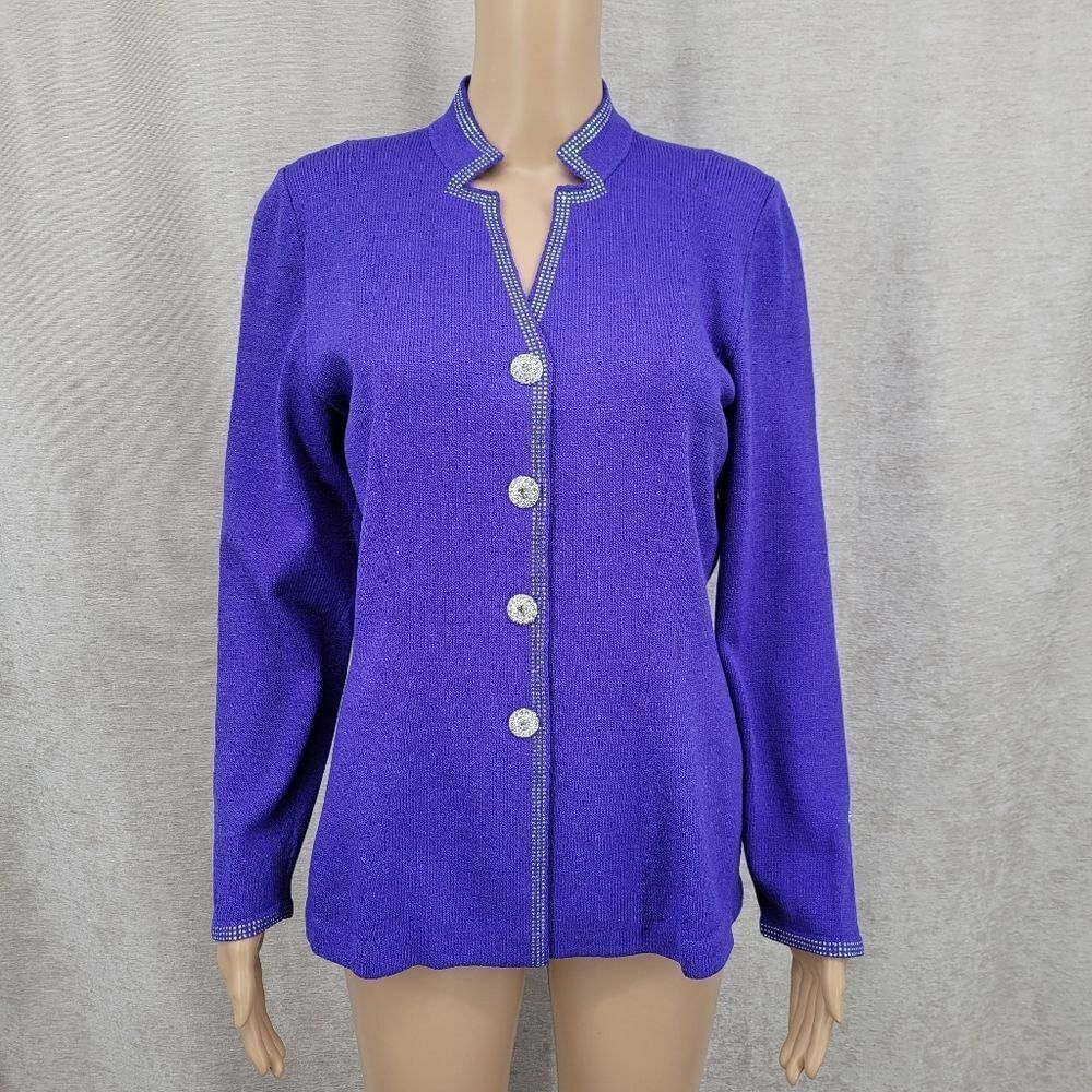 Toula Vintage Purple Women's Cardigan Jacket Formal Rhinestone Buttons Wool